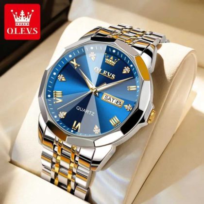 Olevs 9931 Luxury Diamond Dial Stainless Steel Men’s Watch – SILVER BLUE