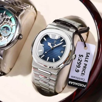POEDAGAR 613 Luxury Stainless Steel Square Quartz Men’s Watch- Silver & blue