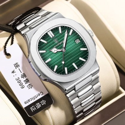 POEDAGAR 613 Luxury Stainless Steel Square Quartz Men’s Watch- Silver & Green