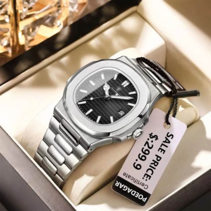 POEDAGAR 613 Luxury Stainless Steel Square Quartz Men’s Watch- Silver & black